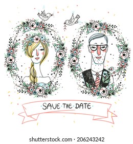 vector portraits of lovely newlyweds for a wedding design