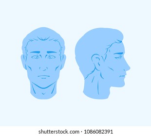 Vector portraits of a man - neutral blue template of a male human head portrait from side and front view