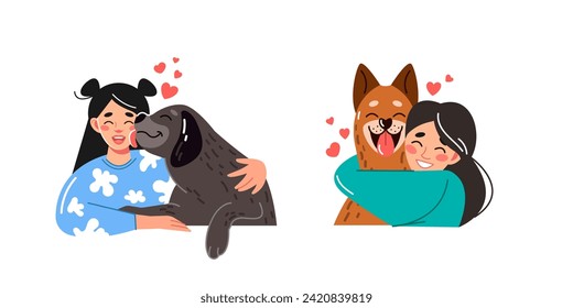 Retratos vectoriales de propietarios de mascotas. Las chicas guapísimas se abrazan con perros adorables. Ilustración gráfica plana para una aplicación móvil o sitio web