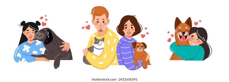 Retratos vectoriales de propietarios de mascotas. La gente abraza, sostiene a perros adorables y gatos en sus brazos. Ilustración gráfica plana para una aplicación móvil o sitio web