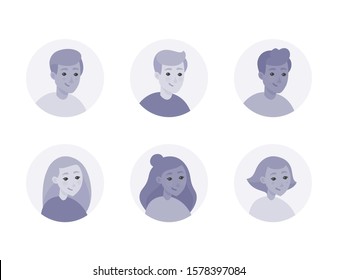 Vector portraits presenting a diverse group of people in monochrome grey colours. Avatars are placed in a circle composition.