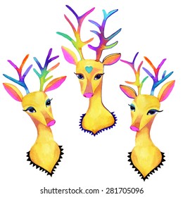 vector portraits of sweet gazelle. deer head with colorful antlers and decorative animals. hipster illustration in watecolor. 