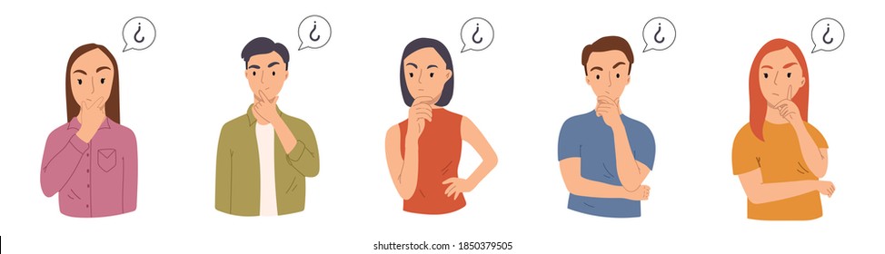 Vector portraits of thoughtful people.Men and women surrounded by thought bubbles.Hand drawn illustration.