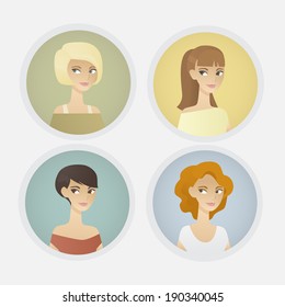 Vector portrats of pretty women in round frame on white background