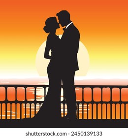 A vector portrayal of love's silhouette against a radiant sunset, meticulously crafted in Adobe Illustrator for digital or print graphics. Embrace timeless romance in your designs