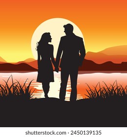 A vector portrayal of love's silhouette against a radiant sunset, meticulously crafted in Adobe Illustrator for digital or print graphics. Embrace timeless romance in your designs