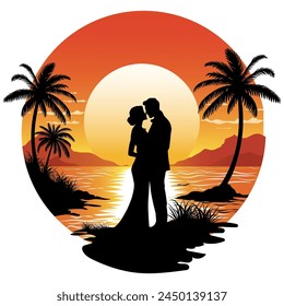 A vector portrayal of love's silhouette against a radiant sunset, meticulously crafted in Adobe Illustrator for digital or print graphics. Embrace timeless romance in your designs