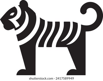 Die Vektorgrafik zeigt eine auffallende schwarze Silhouette eines Tigers, die mit fett gestrichenen Streifen stilisiert ist. Die Silhouette fängt die starke Physik des Tigers, die charakteristischen Markierungen und die Flucht des Schwanzes ein.