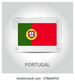 Vector Portugal Flag glass plate with metal holders - Country name label in bottom - Gray background vector illustration
