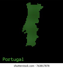 Vector Portugal map dotted silhouette with green dots on a black background (as on old ancient computers running DOS)