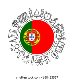 Vector Portugal school background, with black linear icons on white. Education pattern with modern line style icons and Portuguese flag.