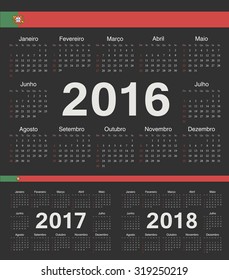 Vector Portuguese black circle calendars 2016, 2017, 2018. Week starts from Sunday.