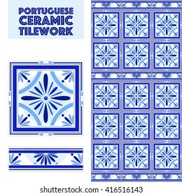Vector Portuguese ceramic tiles set with border, for bathroom, kitchen, patio. Old traditional vintage style. Interior design element, outdoor decoration