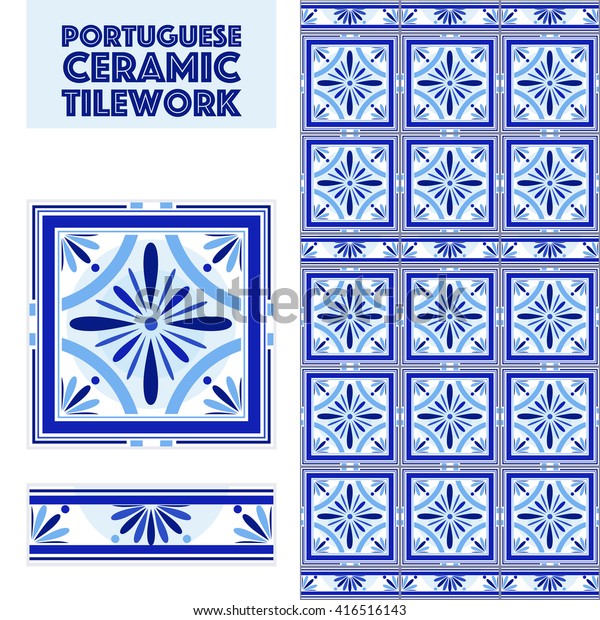 Vector Portuguese Ceramic Tiles Set Border Stock Vektorgrafik