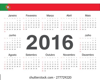 Vector Portuguese circle calendar 2016. Week starts from Sunday.