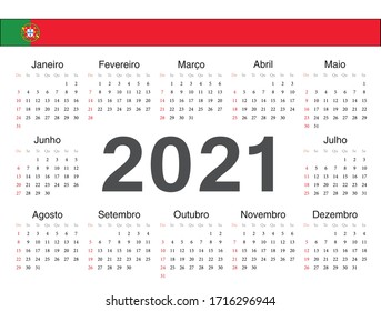 Vector Portuguese circle calendar 2021. Week starts from Sunday.