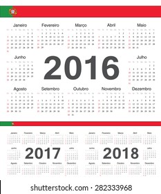 Vector Portuguese circle calendars 2016, 2017, 2018. Week starts from Sunday.