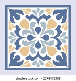 Vector de cerámica portuguesa con adorno cerámico floral. Azulejos de Portugal de color azul vintage, talavera mexicana, mayólica italiana, temática árabe o mosaico cerámico español