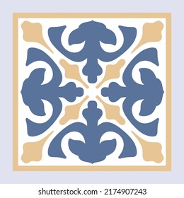 Vector Portuguese pottery tile with ceramic floral ornament. Vintage blue Portugal azulejo, Mexican talavera, Italian majolica, Arabesque motif or spanish ceramic Mosaic