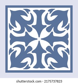 Vector de cerámica portuguesa con adorno cerámico floral. Azulejos de Portugal de color azul vintage, talavera mexicana, mayólica italiana, temática árabe o mosaico cerámico español