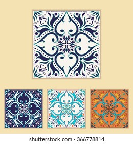 Vector Portuguese tile design in four different color combination. Pattern with decorative elements. Azulejo, Talavera, Moroccan ornaments 