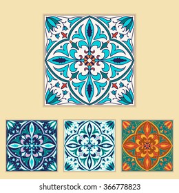 Vector Portuguese tile design in four different color combination. Patterns with decorative elements. Azulejo, Talavera, Moroccan ornaments 
