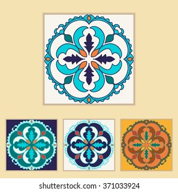 Vector Portuguese tile design in four different color combinations. Patterns with decorative elements. Azulejo, Talavera, Moroccan ornaments