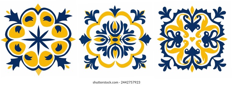 Vector Portuguese tile pattern with blue and yellow ornament, Portuguese azulejo, Mexican talavera, Italian, Dutch or Spanish delft motif.  Ceramic floor background for ceramic or fabric designs.