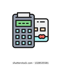 Vector POS credit card, banking terminal, payments methods flat color line icon.