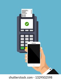 Vector pos terminal confirms the payment by smartphone. Nfc payments concept. Mobile payment. Hand holds phone.