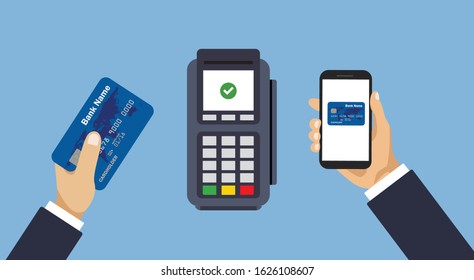 Vector pos terminal confirms the payment by smartphone or card. Mobile and contactless payment. Pay pass. Flat design of POS terminal usage concept.