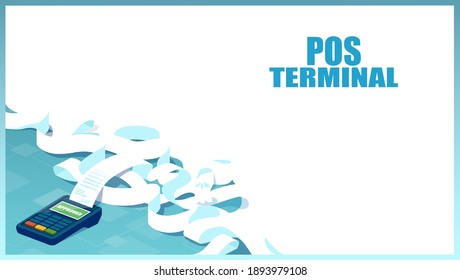 Vector de un terminal POS con un recibo muy largo sobre fondo blanco 