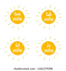 Vector Positive Icons: Think, Talk, Feel, Be Positive, Optimistic Lifestyle Concept.