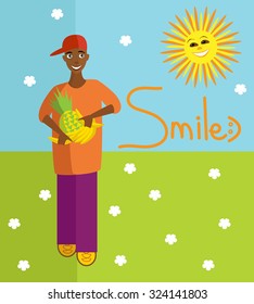 Vector positive illustration of smiling boy with fruits. The boy is walking and smiling to the sun. 