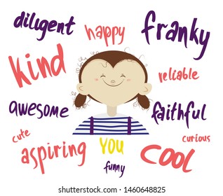 vector positive illustration with a smiling curly girl augmented with kind and nice words for self-esteem improving.