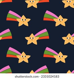 Vector positive seamless pattern with cute falling stars. Funny smiling stars with colorful tail on dark background. Pattern with comets. Concept of making a wish. Funny and happy childish print.