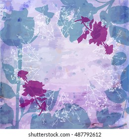 A vector post card with silhouettes of roses and leaves, and a butterfly, on an abstract purple watercolor background texture, with copyspace