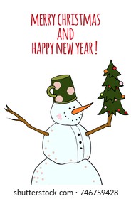 Vector post cards with Christmas and new year illustration. Winter design with cartoon snowman. Xmas design
