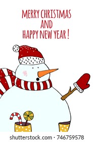 Vector post cards with Christmas and new year illustration. Winter design with cartoon snowman. Xmas design
