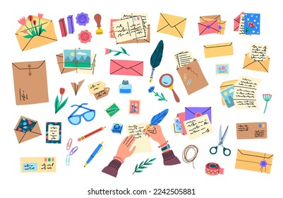 Vector post envelopes and letters for snail mail set. Lots of papers, feather pens, scissors, calligraphy tools and decorative cards. Thread, post stamps illustration. Hands writing with feather pen