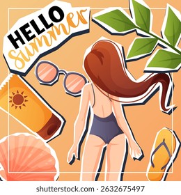 Vector post with girl in swimsuit, sunglasses, flipflop, shell, and hello summer text. Ideal for summer story, lifestyle content, or seasonal greeting.
