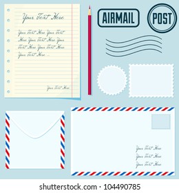 Vector post set with envelopes, stamp, paper, postmarks, pencil. Flat style colection