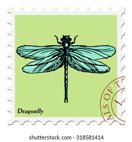 vector, post stamp with dragonfly