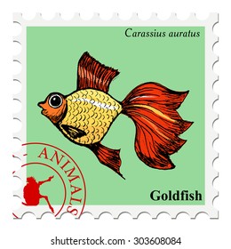 vector, post stamp with goldfish, underwater motive