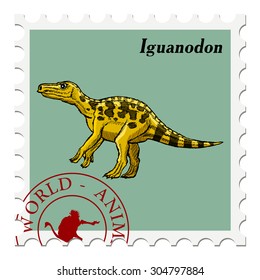 vector, post stamp with iguanodon, dinosaur, Jurassic motive