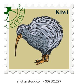 vector, post stamp with kiwi bird