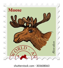 vector, post stamp with moose, wildlife motive