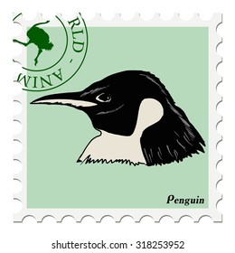 vector, post stamp with penguin