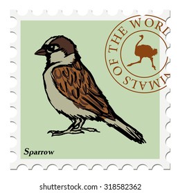 vector, post stamp with sparrow