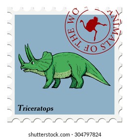 vector, post stamp with triceratops, dinosaur, Jurassic motive